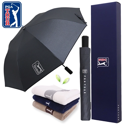 PGA 2단 자동 블랙 메탈 우산 + 130g 면사 타올세트