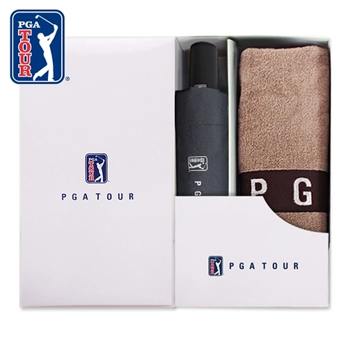 PGA 3단 완전자동 블랙 메탈 우산 + 130g 면사 타올세트