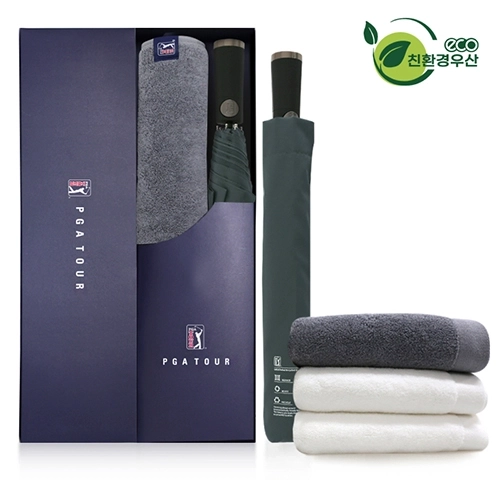 PGA 그린 2단 자동우산 + 260g 코마사 타올 세트