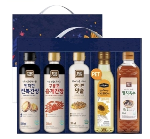 선물세트5종 홍게간장500ml+전북간장500ml+멸치육수410ml+해바라기유500ml+맛술