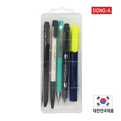 동아 스터디 5P 세트 국산 ABS PP 3색볼펜 볼펜 샤프 컴퓨터용양면싸인펜 고체형광펜