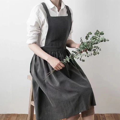 면 리넨 혼방 트렌디 주름 앞치마