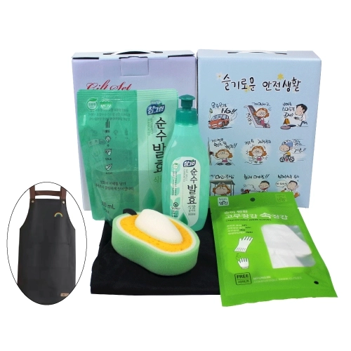 앞치마(방수)+참그린곡물 주방세제 용기 300g+참그린곡물 주방세제 리필 300ml+고무장갑 속장갑++과일수세미
