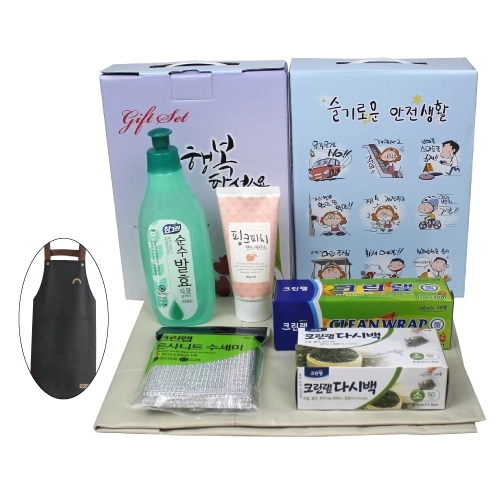 방수앞치마+과일나라 핸드크림, 크린랩 소형+다시백+참그린 주방세제+은사니트 수세미 5종 세트