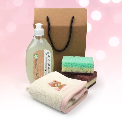 울리프렌즈 자수 핸드타올 + 참그린 곡물설거지 주방세제 480ml + 떡수세미2개 + 끈케이스