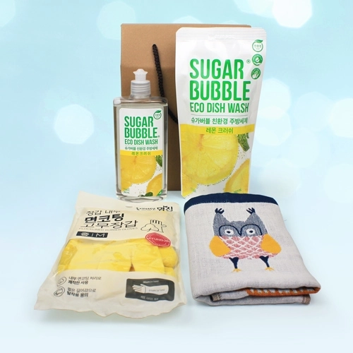 슈가버블 주방세제 용기 + 리필 + 순면 캐릭터 주방타올 + 면코팅고무장갑 + 끈케이스