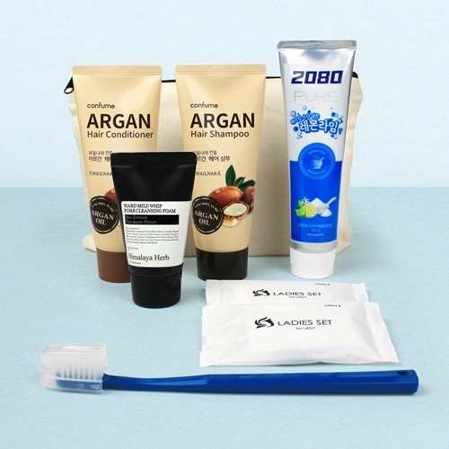 과일나라 아르간 샴푸+컨디셔너 + 애경 2080 퓨어치약 125g + 나드 클렌징폼 + 크리오 퍼펙션 칫솔 + 레이디세트 + 에코파우치