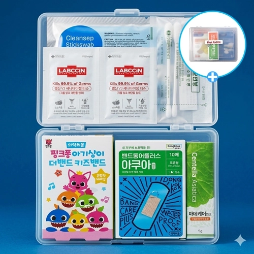 핑크퐁 키즈밴드 혼합16매+동국제약 아쿠아 방수밴드 10매+마데케어 연고 미니구급함 D호