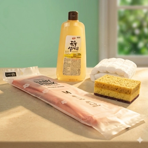 애경 주방세제 500g + 베이비핑크 고무장갑 + 순면 골지 주방타올 + 양면 떡수세미
