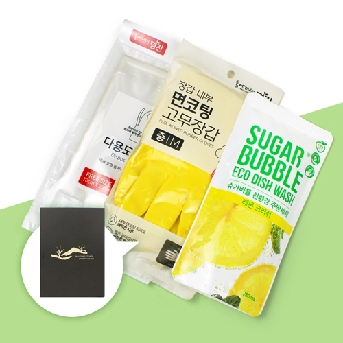 다용도 앞치마 2매 + 면코팅 고무장갑 + 슈가버블 주방세제 리필 280ml + 종이케이스