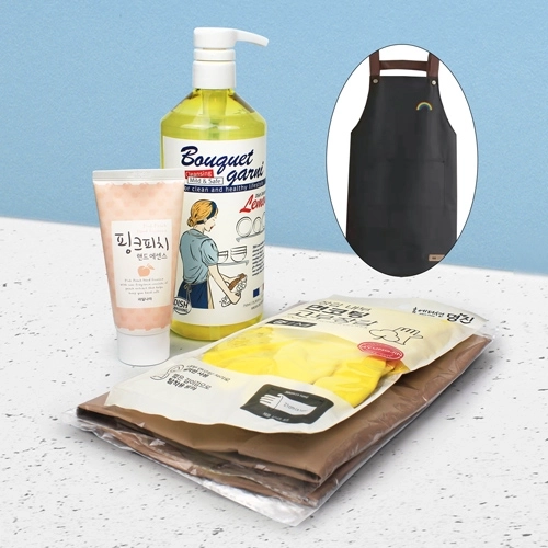 부케가르니 주방세제 750ml+앞치마+면코팅고무장갑+과일나라 핸드로션