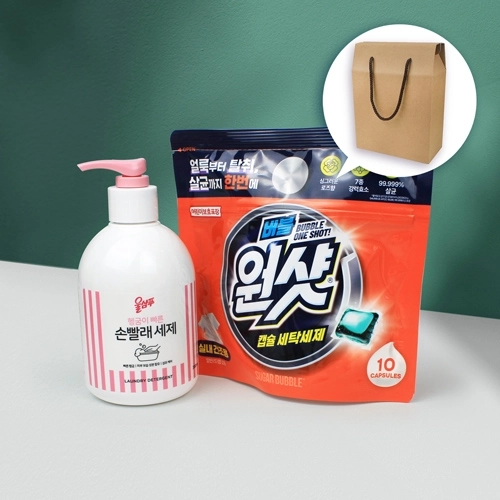애경 울샴푸 손빨래 세제 380ml 펌프형 + 슈가버블 버블원샷 캡슐세제 + 크라프트 끈케이스