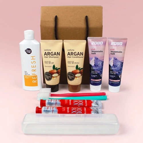 과일나라 아르간 샴푸+컨디셔너 + 샤워메이트 바디워시 + 2080 핑크솔트 치약 2개 + 크리오 쿨맥스 치약 2개 + 크리오 미세모칫솔 2개 + 휴대용케이스