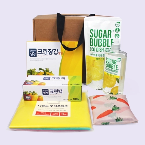 접이식 장바구니 + 부직포 행주 + 크린백 + 크린장갑 + 슈가버블 주방세제 용기 280ml + 리필 280ml 6종세트