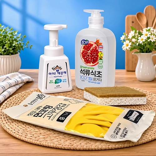 참그린 친환경 주방세제 석류 450ml + 주방전용 핸드워시 아이깨끗해 280ml + 면코팅고무장갑 + 친환경 쿠코넛 수세미