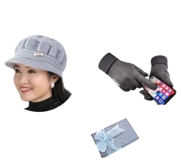 여성 겨울 니트 모자 스웨이드 장갑 세트