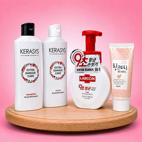 애경 캐라시스 샴푸+린스+랩신 핸드워시+핑크피치 핸드크림+끈케이스