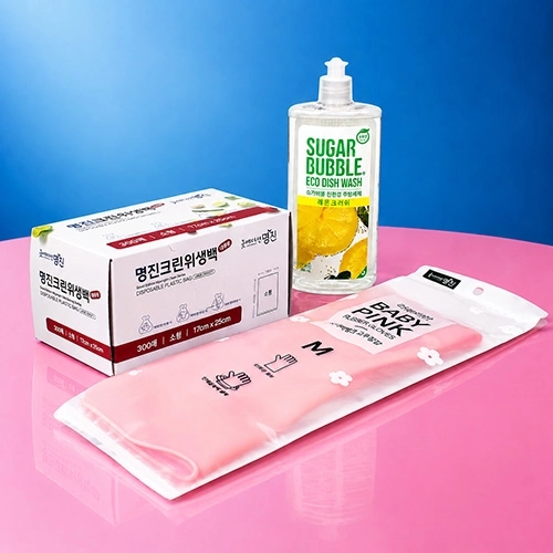 대용량 크린백 300매 + 베이비핑크 고무장갑 + 슈가버블 주방세제 + 끈케이스