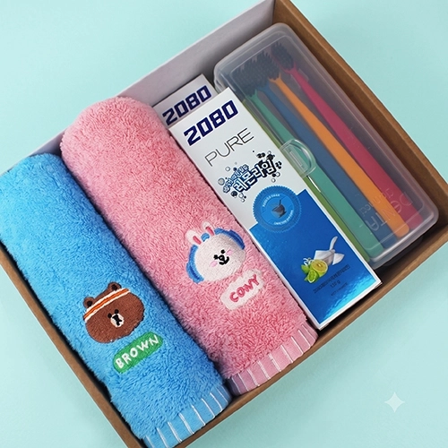 라인프렌즈 코마사 40수 타올 2P+2080 퓨어치약 2종 + AR 초극세모칫솔 5P+휴대용케이스 대형
