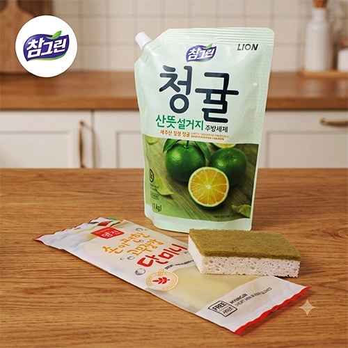참그린 대용량 청귤 주방세제 970ml +단미니고무장갑 + 친환경수세미 코코넛수세미