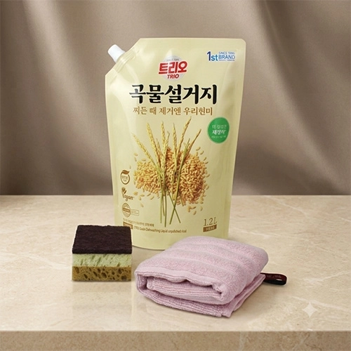 애경 대용량 곡물설거지 주방세제 1200ml + 순면 골지 주방타올 + 양면 수세미 3종세트