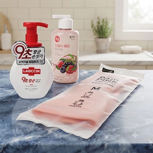 애경 순샘 주방세제 500ml + 랩신 핸드워시 250ml + 베이비핑크 고무장갑