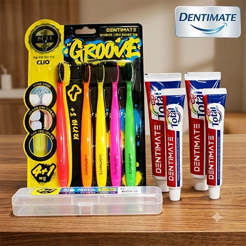 크리오 덴티메이트 그루브 칫솔 5개+덴티메이트 치약 150g 2개+ 50g 2개 + 휴대용케이스 + 끈케이스