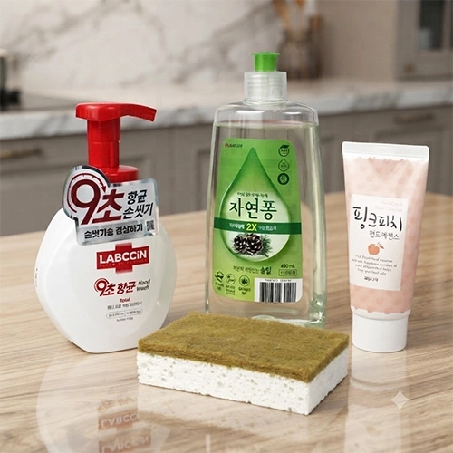LG생활건강 자연퐁 주방세제 500g+랩신 핸드워시+친환경 수세미 코코넛+과일나라 핸드크림+끈케이스+케이스 이미지 선택가능