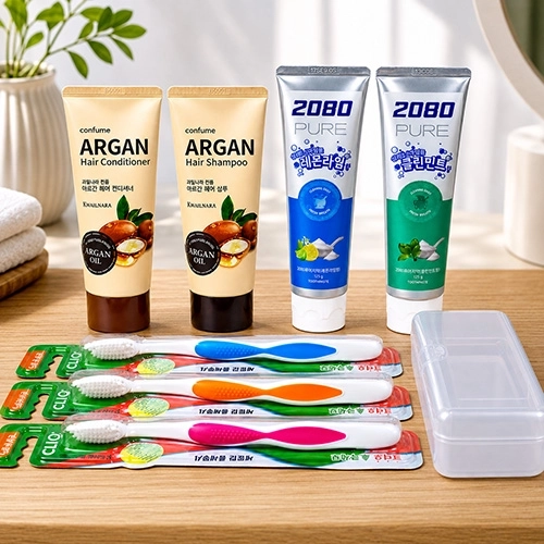 과일나라 아르간 샴푸+컨디셔너+2080 퓨어치약120g 2개+아르볼 초극세모 칫솔 3매입 +휴대용케이스