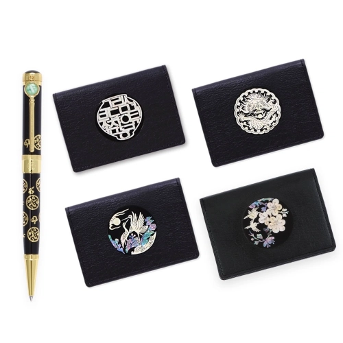 상감청자 운학문 볼펜+나전 한지가죽 명함지갑 2종 세트 (문양 4종)