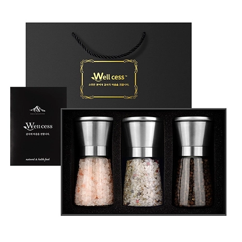 쉐프의 소금 웰세스 그라인더 선물세트 WG-203SH, 히말라야핑크솔트 핑크소금 허브솔트 블랙페퍼 통후추 그라인더 명절선물 근로자의날 창립기념 선물세트