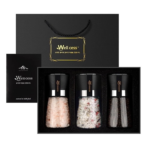 쉐프의 소금 웰세스 그라인더 선물세트 WG-203H, 히말라야핑크솔트 핑크소금 허브솔트 블랙페퍼 통후추 그라인더 명절 근로자의날 창립기념 선물세트