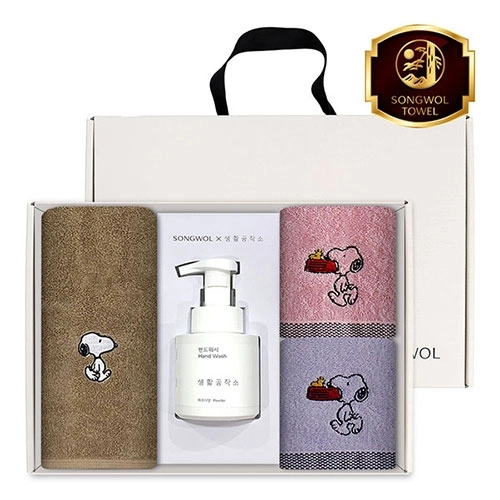 송월 생활공작소 4P 세트 (스누피 리버 타올1매+블럭블랙34 타올2매+핸드워시 250ml 1개)