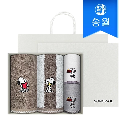 [송월타올] 스누피 기프트세트(스누피심플무지1+스트라이프1+블럭블랙고리2)+쇼핑백 송월타올세트
